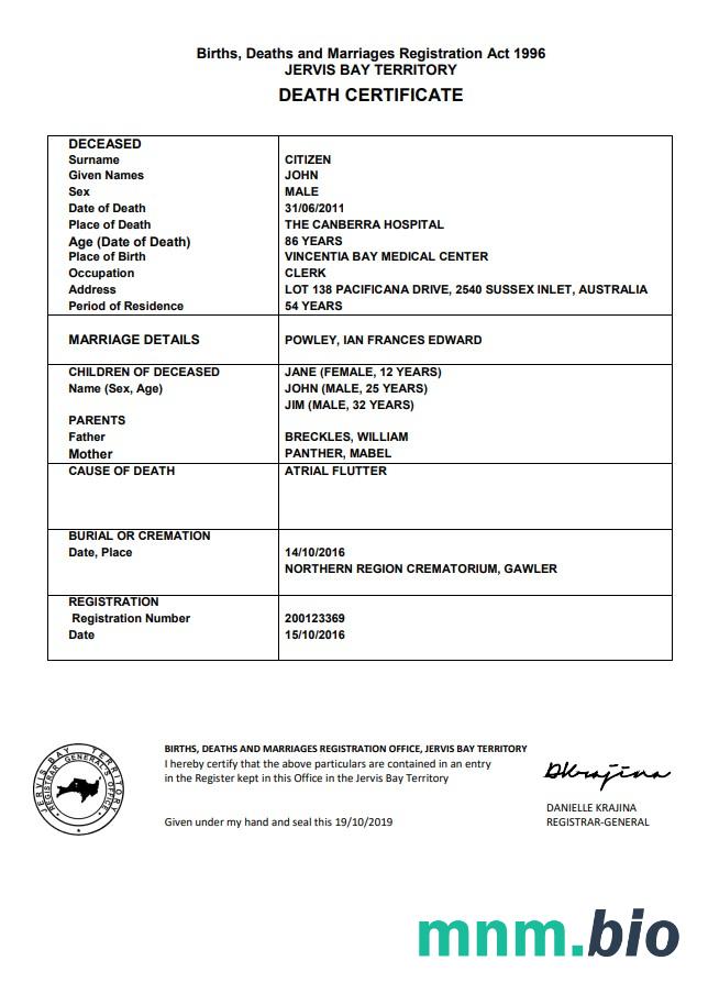 Australia Jervis Bay Territory śmierć certyfikat szablon w formacie Word